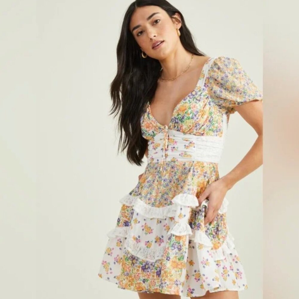 Altar'd State White Floral Mini Dress with Yellow & Purple Accents